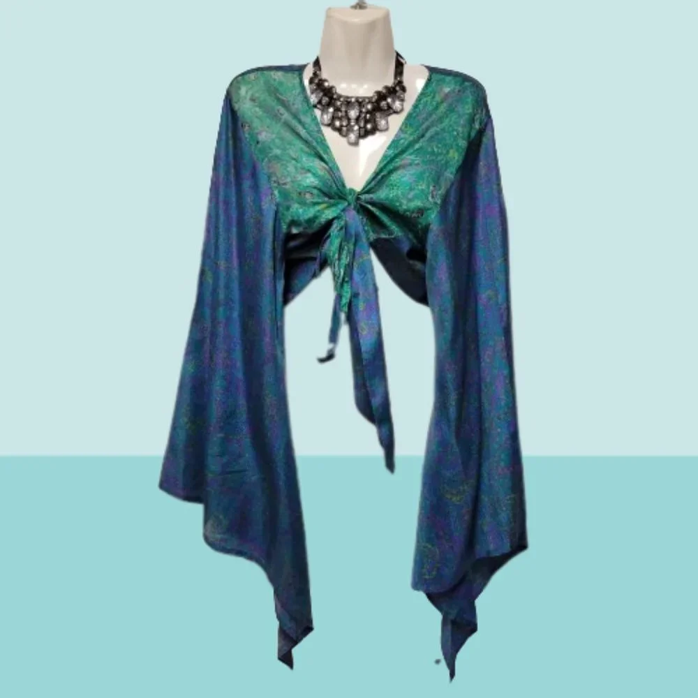 SILK Bolero Top Crop Top Coverup Silk Blazer Short Jacket Butterfly Sleeve Top L - Picture 5 of 10